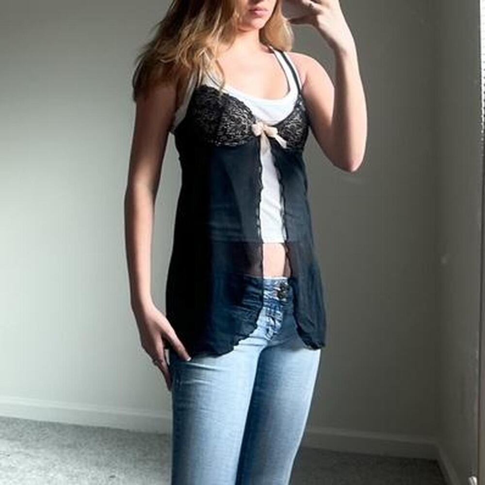 00s sheer mesh black lace cami top with pink bow detail and cups